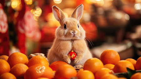 A cute pet bunny dressed as a fortune cat Maneki-neko for Chinese New Year, sitting in front of a colorful display of oranges and red decorations.の素材