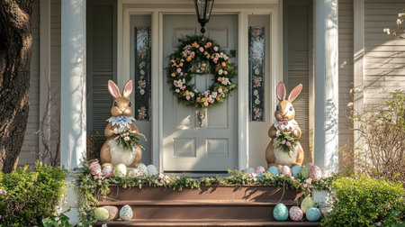 A front porch adorned with a spring wreath, Easter egg garlands, and a pair of decorative bunny statues, welcoming guests for the holiday.の素材