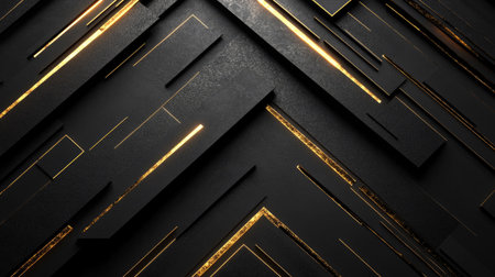 Black space with abstract gold arrow shapes and geometric patterns, offering a cutting-edge design ideal for technology and luxury-themed visuals.の素材