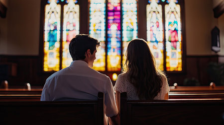 A young couple sitting in a church pew during Easter Sunday service, holding hands and reflecting, with a beautiful stained-glass window in the background.の素材