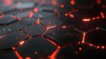 Abstract technology design with a black polygon base and vivid red light highlights, evoking a futuristic and high-tech feel.の素材