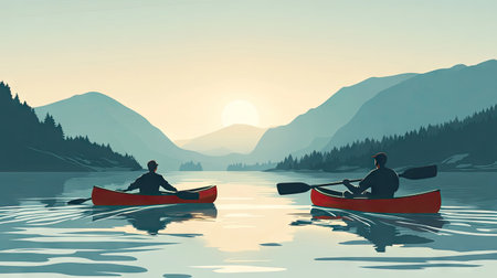 Outdoor vector scene with two men rowing canoes on a calm river, with mountains in the background and a clear sky above. Perfect for water sports and adventure-themed designs. -の素材