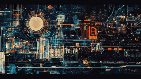 Digital Big Data illustration featuring futuristic technology and hand-drawn abstract art. Highlights data mining and management. Ideal for tech presentations, banners, and graphics.の素材