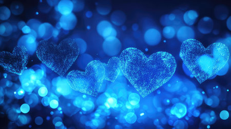 Softly glowing neon blue hearts with a bokeh effect, creating an enchanting banner design with space for personalized text.の素材