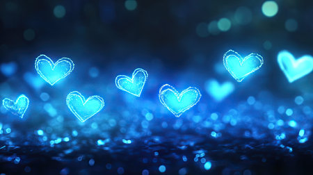 Soft bokeh effect with glowing neon blue hearts forming a dreamy banner design, ideal for romantic or love-themed projects with text space.の素材