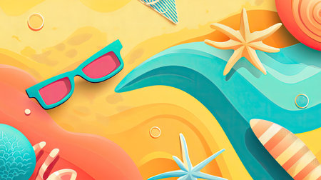 Summer sale illustration with a clean and minimalistic vector background featuring beach accessories, sun, and waves. Ideal for seasonal promotions.の素材