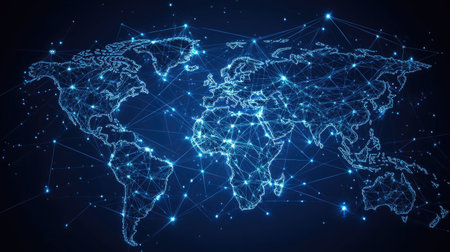 World map with abstract global data connections and telecommunication network lines. Vector illustration displaying interconnected nodes and business data flow.の素材