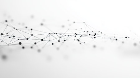 White background with an intricate web of tech connection dots and geometric lines. Abstract representation of data networks, connectivity, and digital technology.の素材