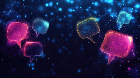 Virtual networking and e-commerce theme with illuminated speech bubbles on a dark blue polygonal background. Modern design with ample copy space for your message. -の素材