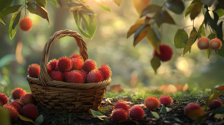 A beautiful basket filled with freshly harvested rambutan fruit, nestled in a serene natural setting. The scene captures the vibrant colors and tropical essence of this exotic fruit.の素材