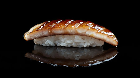 This stunning image features beautifully plated anago sushi, showcasing glossy textures and rich colors against a black background, perfect for food enthusiasts.の素材