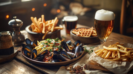 Enjoy a hearty Belgian meal featuring mussels and fries, accompanied by refreshing beer. Perfect for lovers of comfort food in a cozy setting.の素材