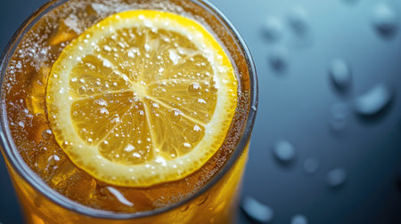 Enjoy a close-up shot of refreshing iced lemon tea served in a glass. The vibrant colors and citrus slices make it a perfect summer drink, ideal for cooling down.の素材