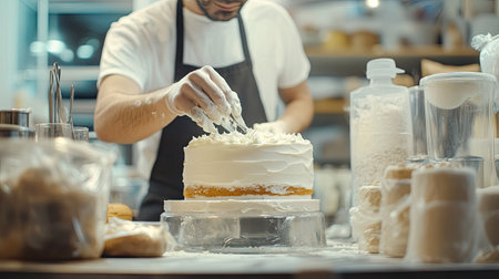 A close-up view of a baker meticulously decorating a homemade cake with creamy icing, showcasing the artistry and precision involved in cake preparation. Ideal for food-related themes.の素材