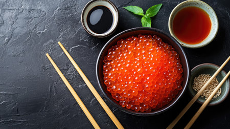 A vibrant bowl of fresh salmon roe accompanied by sauces and chopsticks, perfect for gourmet culinary creations and Asian cuisine dishes.の素材