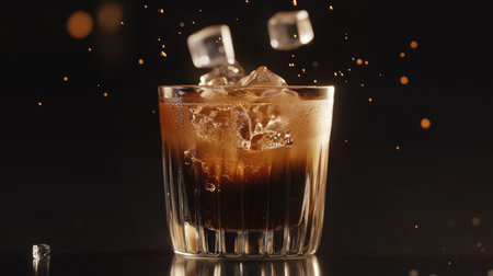 A visually stunning glass of frosty iced coffee with ice cubes. Perfect for refreshing moments, ideal for cafes, bars, and summer gatherings.の素材