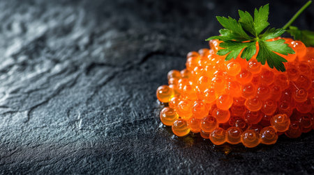 Close-up of vibrant salmon roe with a fresh herb sprig, creating an elegant and gourmet presentation. Ideal for food photography and culinary art.の素材