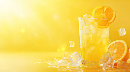 A vibrant glass of refreshing orange lemonade with ice, garnished with orange slices, set against a bright yellow background, perfect for summer enjoyment.の素材