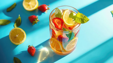 A vibrant glass of iced fruit tea beautifully garnished with fresh strawberries and lemons. Perfect for summer refreshment and outdoor gatherings.の素材