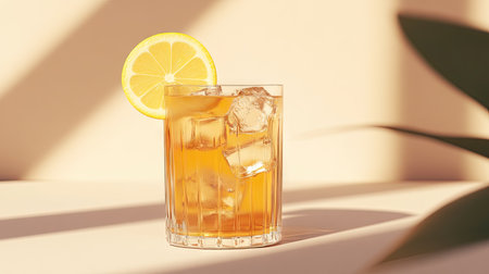 A beautifully styled glass filled with chilled iced tea, garnished with a fresh lemon slice. Perfect for summer gatherings or relaxation moments.の素材