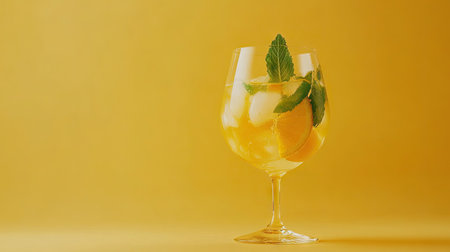 A vibrant glass of homemade orange lemonade garnished with mint leaves, set against a cheerful yellow backdrop, perfect for summer refreshment.の素材