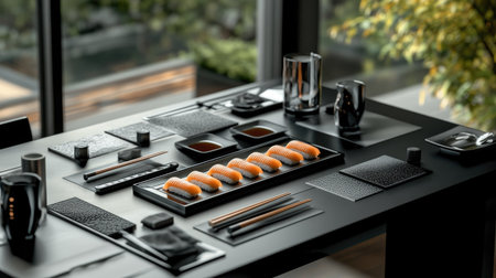 An elegant modern sushi setup featuring fresh salmon nigiri, arranged on a stylish black table. Perfect for showcasing fine dining aesthetics and culinary art.の素材