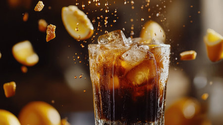 A captivating shot of iced coffee with citrus elements, showcasing splashes of lemonade and vibrant ice textures, perfect for summer refreshment imagery.の素材