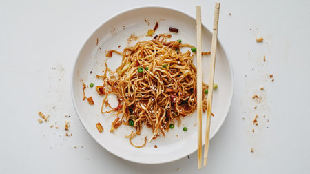 A plate of leftover fried noodles served with chopsticks, showcasing a messy, yet appetizing meal. Ideal for culinary-themed visuals or food blogs.の素材