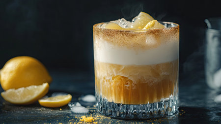 A stunning glass of iced coffee lemonade featuring frothy layers and fresh lemon slices. Perfect for hot days, this drink combines refreshing flavors and artistic presentation.の素材