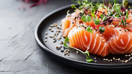 This exquisite gourmet salmon sashimi features fresh slices artfully arranged on a modern plate, garnished with herbs for an elegant dining experience.の素材