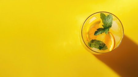 A refreshing glass of homemade orange lemonade garnished with mint leaves, set on a bright yellow background. Perfect for summer gatherings.の素材