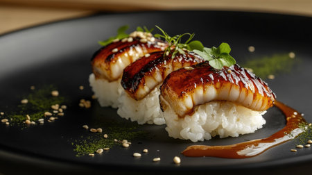 A beautiful presentation of anago sushi served on a sleek black plate, garnished with fresh herbs and a drizzle of sauce, perfect for food photography.の素材