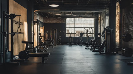 A spacious and minimalist gym interior featuring sleek fitness equipment, designed for optimal workout experiences. Perfect for modern fitness enthusiasts.の素材