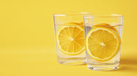 Two clear glasses filled with refreshing lemonade, garnished with lemon slices, beautifully arranged on a vibrant yellow background, perfect for summer.の素材