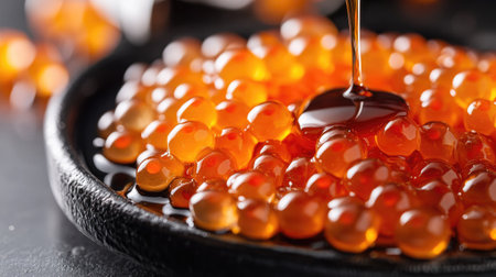 A stunning close-up of salmon roe drizzled with soy sauce, showcasing vibrant colors and rich textures, perfect for culinary inspiration and gourmet dishes.の素材