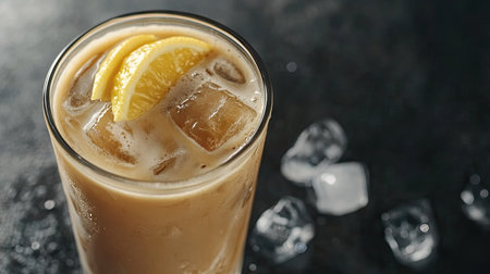 A close-up view of a tall glass filled with iced coffee, garnished with a slice of lemon. This refreshing drink is perfect for warm days.の素材