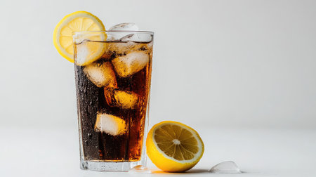 A tall glass of refreshing iced tea garnished with a lemon slice and ice cubes. Perfect for summer days, this drink invites enjoyment and relaxation.の素材