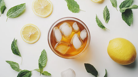 A refreshing glass of iced tea with ice cubes, garnished with slices of lemon and fresh mint leaves, perfect for a summer day.の素材