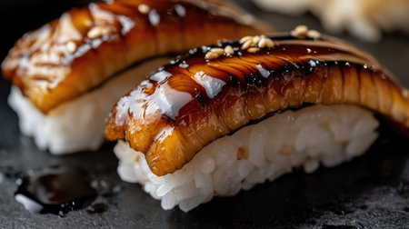 Delight in this close-up of two anago sushi pieces, showcasing the glossy texture and rich flavors. Perfect for food photography and culinary art.の素材