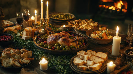 A picturesque rustic European feast spread on a wooden table, showcasing an array of delicious dishes, candles, and fine wines, perfect for gatherings.の素材