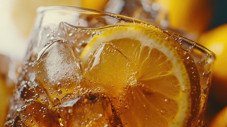 A refreshing glass of iced lemon tea filled with ice and citrus slices, perfect for a hot summer day. Ideal for quenching thirst and doubling as a joyful beverage at parties or gatherings.の素材