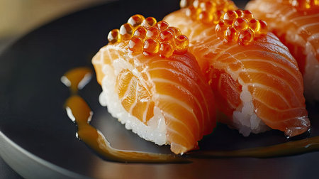 Indulge in a close-up view of gourmet salmon sushi rolls, beautifully arranged with vibrant colors and textures, perfect for food lovers and culinary enthusiasts.の素材