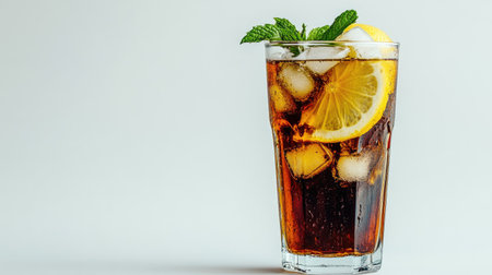 A tall glass of iced tea with fresh lemon slices and mint leaves, perfect for quenching thirst on a hot day. Ideal for summer gatherings and cafes.の素材