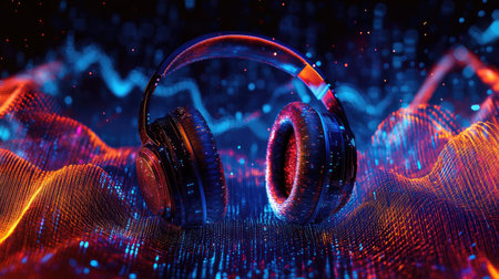 3D headphones with a bright, abstract sound wave background. Visualization of electronic music and digital audio, featuring dynamic colors and patterns.の素材