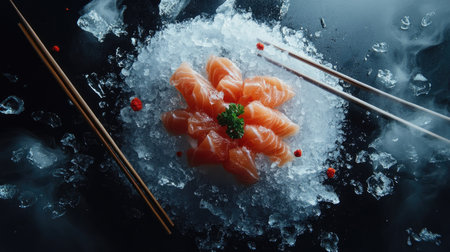 Explore an exquisite arrangement of premium salmon sashimi served on ice, garnished for a vibrant presentation, ideal for gourmet dining experiences.の素材