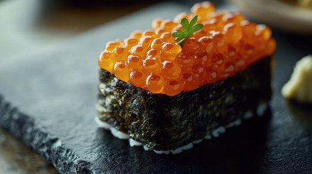 A beautifully presented sushi roll topped with vibrant salmon roe, showcasing the intricate details of Japanese gourmet cuisine and fresh ingredients.の素材