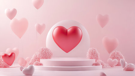 3D podium stage with realistic heart and love elements. Perfect for showcasing products, awards, or special Valentine's Day events. Romantic and visually captivating background.の素材