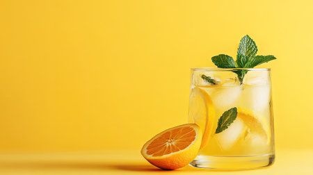 Enjoy a refreshing glass of homemade orange lemonade garnished with mint leaves. The vibrant yellow background enhances the cheerful summer vibe.の素材