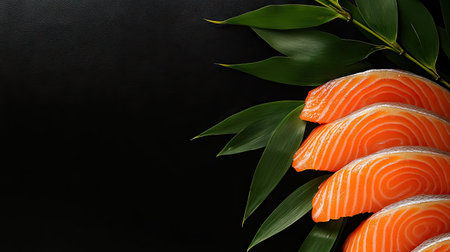 A visually stunning arrangement of fresh salmon sashimi presented elegantly on a dark background, complemented by green bamboo leaves for a gourmet touch.の素材