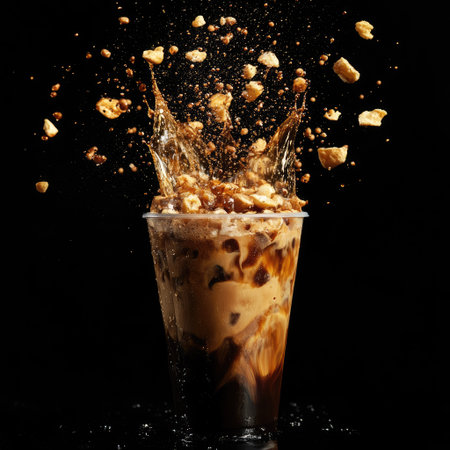 A stunning capture of a coffee drink splashing in a clear cup against a dark background, showcasing dynamic motion and refreshing droplets.の素材